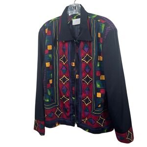 Jordana Y2k Abstract Print Zip Up‎ Jacket Artsy Colorful Geometric Made USA